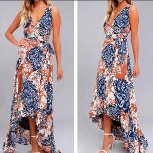 Lulus Desert Trip Orange Blue Chiffon Floral Wrap Ruffle Maxi Dress XS NWT